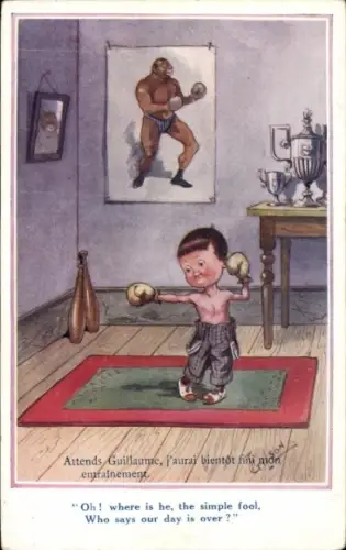 Künstler Ak Gilson, T., Kleiner Junge beim Boxtraining, Pokale, Plakat