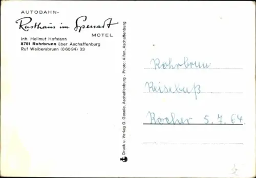 Ak Rohrbrunn Weibersbrunn im Spessart,  Autobahn Rasthof Motel im Spessart