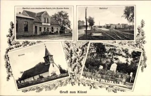 Ak Küsel Möckern, Gasthof zum deutschen Reich, Inh. Gustav Buhe, Bahnhof, Kirche, Kriegerdenkmal