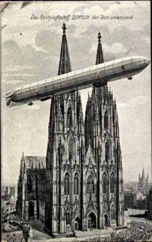 Künstler Ak Köln am Rhein, Reichsluftschiff Zeppelin am Kölner Dom