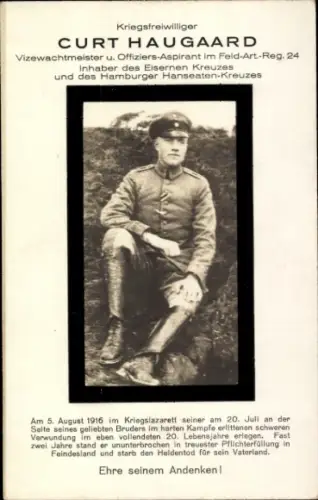 Ak Kriegsfreiwilliger Curt Haugaard, Eisernes Kreuz, Hamburger Hanseaten-Kreuz, Trauerkarte 1916