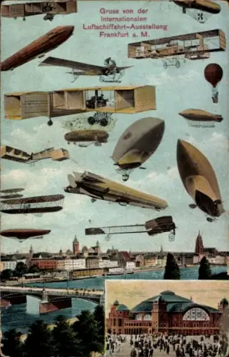 Ak Frankfurt am Main, Internationale Luftschifffahrt-Ausstellung, Flugzeuge, Zeppeline, Festhalle