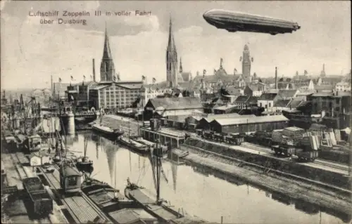 Ak Duisburg im Ruhrgebiet, Luftschiff Zeppelin III über der Stadt, Hafenanlagen
