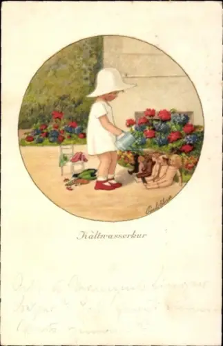 Künstler Ak Ebner, Pauli, Kind mit Gießkanne, Puppen