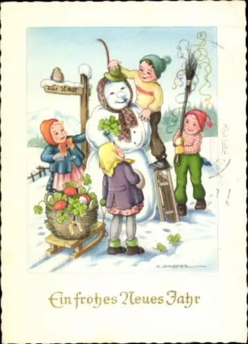 Künstler Ak Glückwunsch Neujahr, Kleeblatt, Kinder, Schneemann