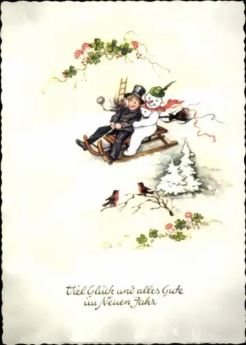 Ak Glückwunsch Neujahr, Schneemann, Schornsteinfeger, Kleeblätter