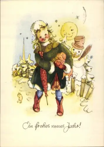 Ak Glückwunsch Neujahr, Schneemann, Mädchen mit Schwein