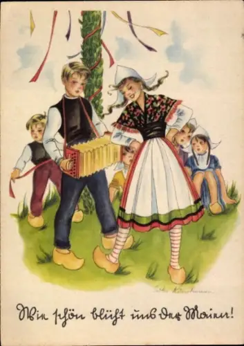 Künstler Ak Kunstmann, Erika, Tanz unter dem Maibaum, Ziehharmonika, Tracht, Holzschuhe