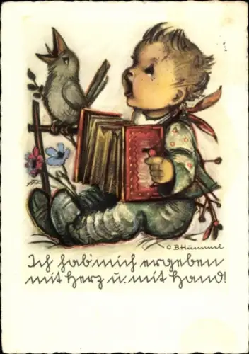Künstler Ak Hummel, Berta, Junge mit Akkordeon, Vogel