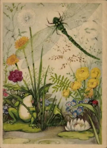 Künstler Ak Frosch mit Libelle, Seerose