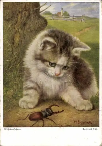Künstler Ak Schwar, Wilhelm, Katze und Käfer