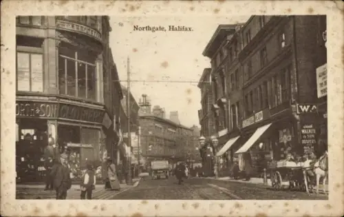 Ak Halifax Yorkshire England, Northgate,  Straße, Geschäfte, Menschen, Pferdewagen