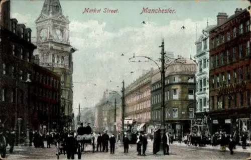 Ak Manchester England, Marktstraße,  s Stadtbild, Menschen, Pferdekutschen
