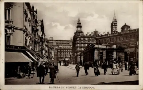 Ak Liverpool Merseyside England, Ranelagh Street,  Central Station, Menschen,  Architektur