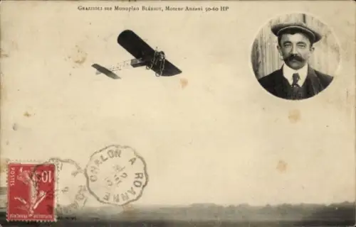 Ak Grazzioli sur Monplan Bleriot, Moteur Anzani, Flugpionier