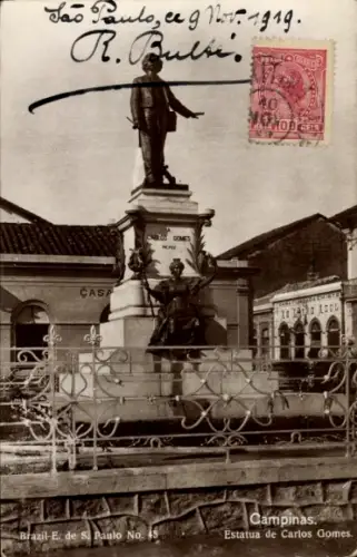 Ak Campinas Brasilien, Statue von Carlos Gomes,  aus Brasilien, Stempel, Adresse