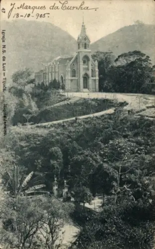 Ak Rio de Janeiro Brasilien, Igreja N.S. da Luz, Tijuca, Berglandschaft, Schwarz-Weiß-Foto