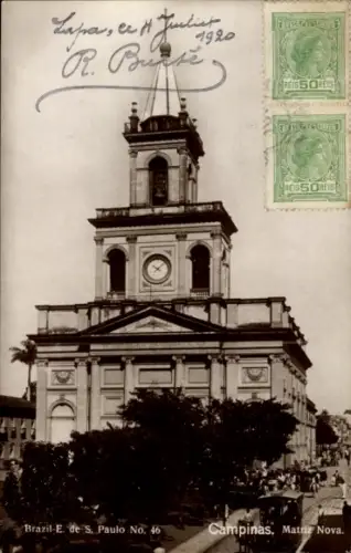 Ak Campinas Brasilien, Historisches Gebäude, Uhrturm, Poststempel, Brasilien, 1920