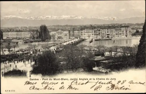 Ak Genève Genf Schweiz,  Pont du Mont-Blanc, Jardin Anglais, Chaine du Jura, Menschenmenge
