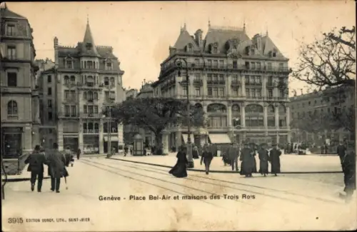 Ak Genève Genf Stadt, Plateau de Champel,  Place Bel-Air, Häuser der Trois Rois, Menschen auf der