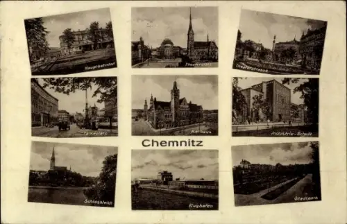 Ak Chemnitz in Sachsen, Verschiedene Ansichten von  Hauptbahnhof, Theater, Industrie-Schule, Flug