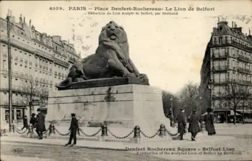 Ak Paris, Boulevard Saint Germain, Löwe von Belfort, Platz Denfert-Rochereau,  Bartholdi