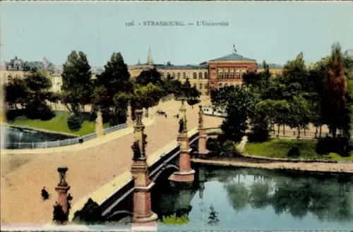 Ak Strasbourg Straßburg Elsass Bas Rhin, Brücke, Universität, Wasser, Bäume, Strasbourg