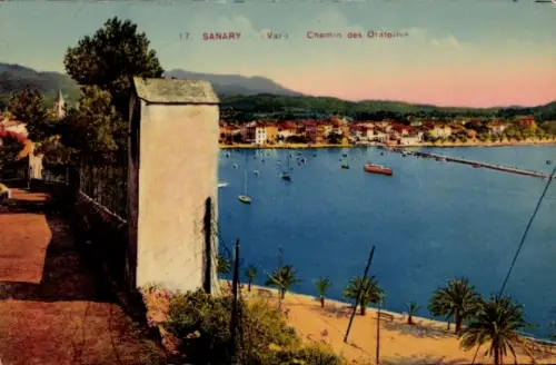 Ak Sanary sur Mer Var, Blick auf Sanary, Hafen, Boote, Küste, Bäume