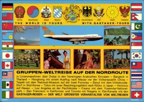 Ak Gastager-Reisen, Gruppen-Weltreise auf der Nordroute, Passagierflugzeug, Flaggen, Wappen