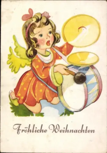 Ak Frohe Weihnachten, Engel mit Trommel