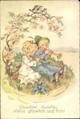 Künstler Ak Musizierende Kinder, Dudefdei, dudefdo, bleibe glücklich und froh