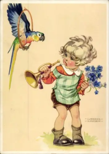 Künstler Ak Lungershausen, Ilse Wende, Kind mit Trompete, Papagei