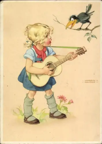 Künstler Ak Lungershausen, Ilse Wende, Mädchen mit Gitarre, Rabe