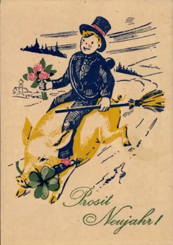 Ak Glückwunsch Neujahr, Schornsteinfeger reitet am einem Schwein