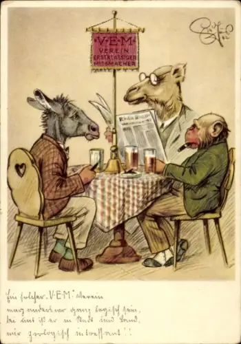 Künstler Ak Geilfus, H., VEM, Verein erstklassiger Miesmacher, Esel, Kamel und Affe