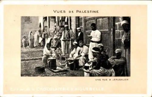 Ak Jerusalem Israel, Marktszene, Männer in traditioneller Kleidung, Straße in Jerusalem