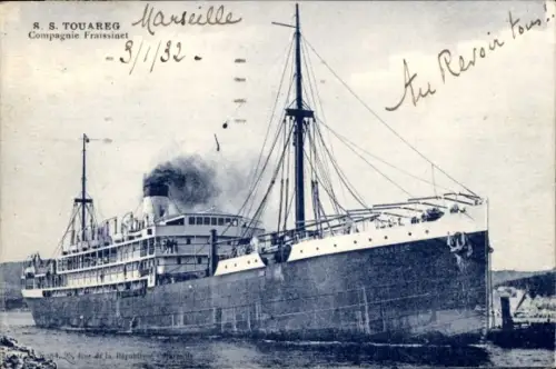 Ak Marseille Bouches du Rhône, Schiff S. S. Touareg, Compagnie Fraissinet,  3/1/32