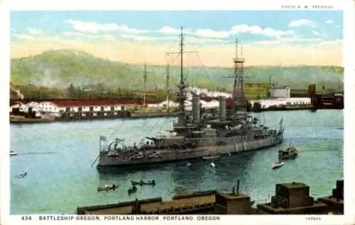 Ak Portland Oregon USA, Schlachtschiff Oregon, Hafen von Portland, Schiffe, Wasser, Landschaft