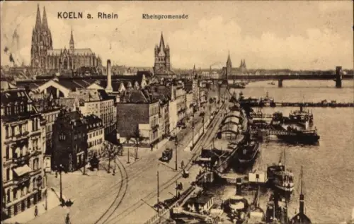 Ak Köln am Rhein, Köln am Rhein, Rheinpromenade, Schiffe, Straßenbahn, Dom im Hintergrund