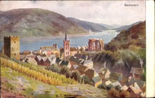 Ak Bacharach am Rhein,  Flusslandschaft, Häuser, Türme, Weinberge
