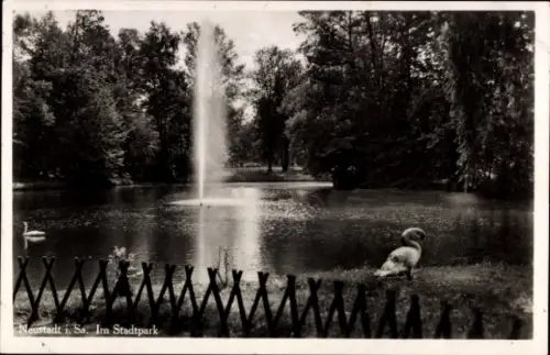 Ak Neustadt in Sachsen,  Stadtpark, Brunnen, Schwäne, Natur