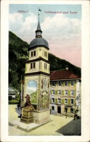 Ak Altdorf Kt Uri,  Telldenkmal, Turm, AJUTZ-REGLI