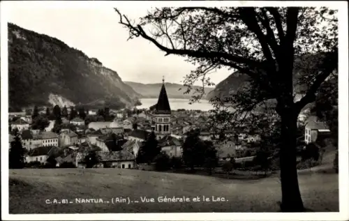 Ak Nantua Ain, Blick auf  See, Berge, Kirche mit Turm