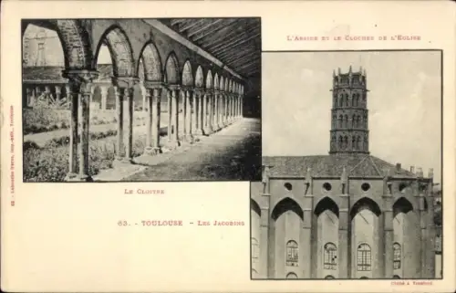 Ak Toulouse Haute Garonne, Kreuzgang,  Kirche, Glockenturm, Schwarz-Weiß-Fotografie