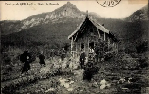 Ak Quillan Aude, Chalet de Carach, Umgebung von  Menschen, Pflanzen