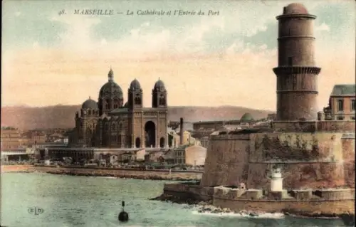 Ak Marseille Bouches du Rhône, Kathedrale und Hafeneinfahrt