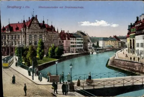 Ak Strasbourg Straßburg Elsass Bas Rhin,  Nikolausstaden, Drachenschule, Fluss, Brücke, Menschen