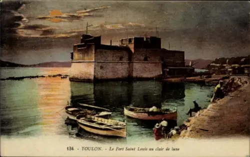 Ak Toulon Var, Fort Saint Louis, Wasser, Boote, Mondschein