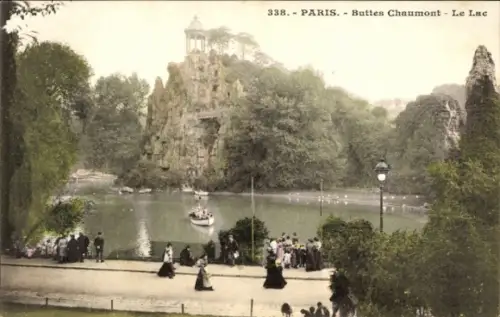 Ak Paris XIX Buttes Chaumont, der See