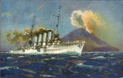 Künstler Ak Bohrdt, Sizilien, Deutsches Kriegsschiff, SMS Breslau, Kleiner Kreuzer, Vulkan Stromboli